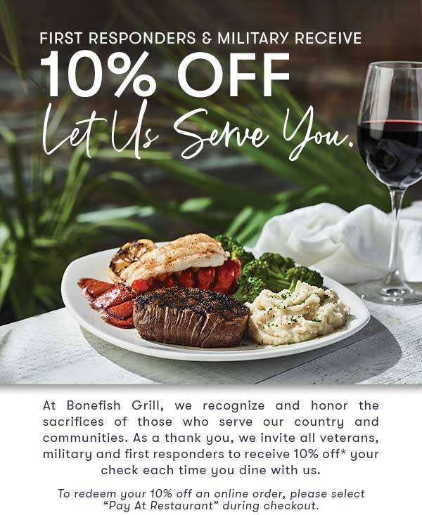 Macaroni Grill Coupon - THE 10% OFF HEROES DISCOUNT is open to servicemen and women, police officers and firefighters, with corresponding state or federal service ID

At participating locations. When ordering online, choose the "Pay at Restaurant" option